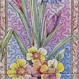 Vaso di fiori di iris decorativo in ceramica a 5 piastrelle per camino Art Déco multicolore floreale murale decorato a mano nel Regno Unito