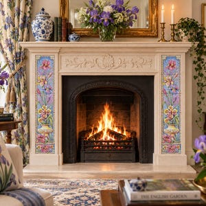 May include: A stone fireplace mantel featuring two vertical panels of decorative ceramic tiles. Each tile panel displays a colorful floral arrangement of irises in vases. The fireplace insert is black metal with a burning fire inside the grate.