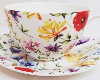 Wildflowers Meadow Cappuccino Breakfast Latte Cup & Saucer Fine Bone China Multi Floral Large Cup Saucer