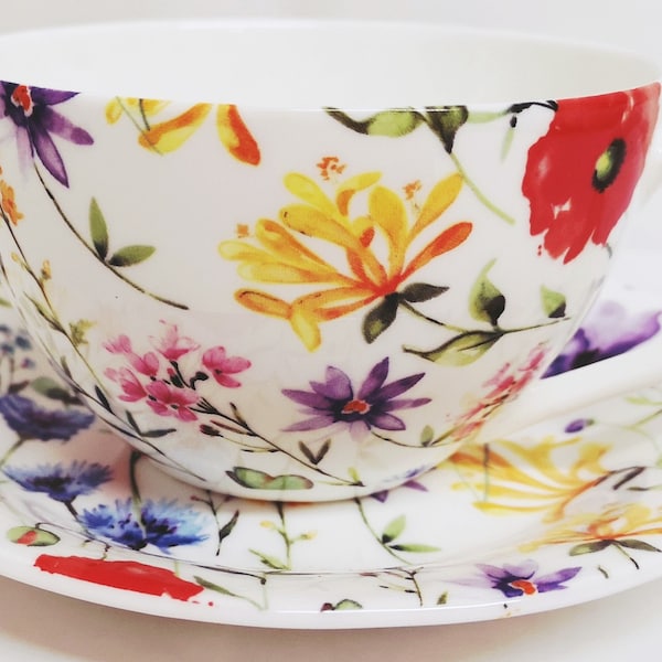 Wildflowers Meadow Cappuccino Breakfast Latte Cup & Saucer Fine Bone China Multi Floral Large Cup Saucer