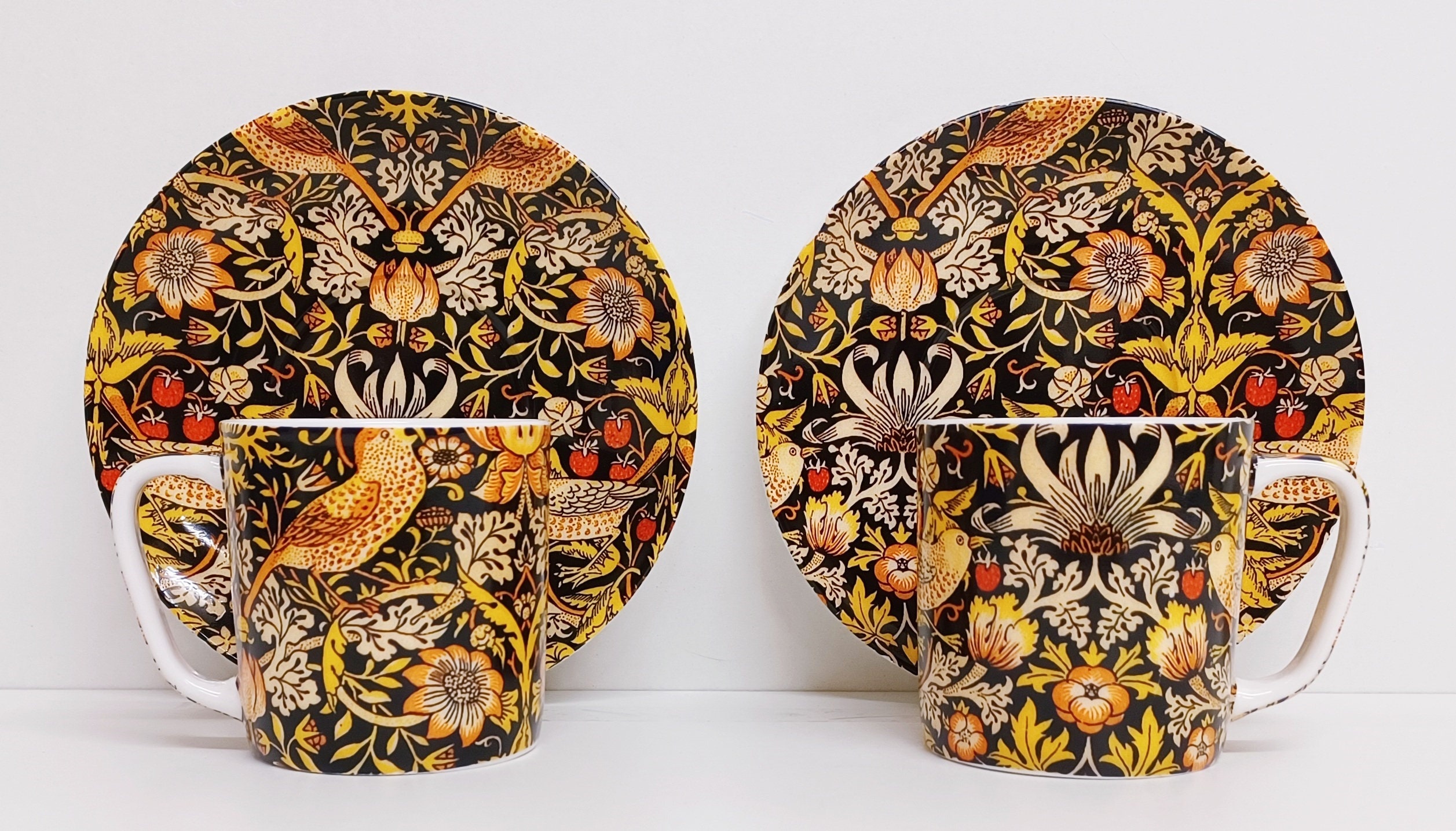 William Morris Strawberry Thief Black & Yellows Set of 2 Espresso