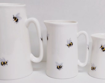 Bees Jugs Set of 3 Fine Bone China Bumblebee Pitchers 2 Pint 1 Pint and Half Pint Matching Set Hand Decorated in UK