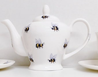 Bees Tea Set for Two Fine Bone China Bumblebee Small Teapot & 2 Cups and Saucers Hand Decorated UK