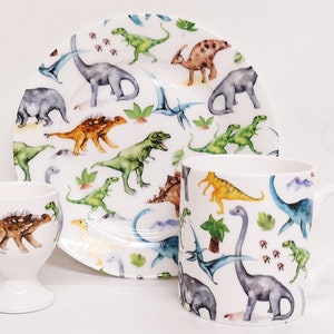 Dinosaurs Breakfast Set 3 Piece Fine Bone China Kids Children Set Dinos Collage Plate 6.7" 17 cm Mug Egg Cup Hand Decorated UK