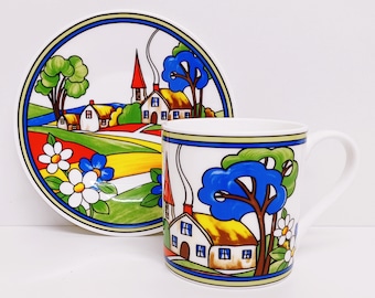 Village Art Deco Mug & Saucer Large Balmoral 14fl oz 400 ml Fine Bone China Exclusive Countryside Set