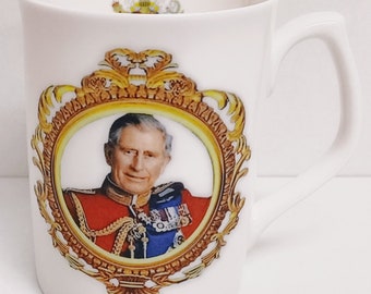 HM King Charles III Mug Fine Bone China Topaz Coronation Commemorative Collectors Cup Hand Decorated UK