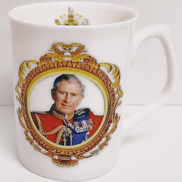 Taza de HM King Charles III, taza de coleccionista conmemorativa de coronación de topacio de China de hueso fino, decorada a mano en el Reino Unido