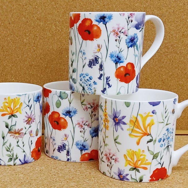 Wildflowers Meadow Mugs Set 4 Fine Bone China 14 oz 400 ml Large Balmoral Cups Colourful Floral Hand Decorated in UK