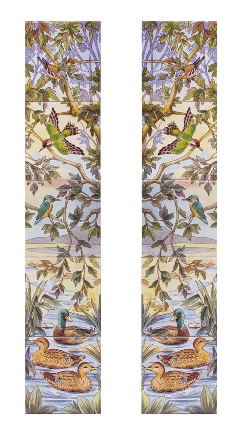 May include: A pair of decorative tiles featuring a symmetrical design of birds and foliage. The tiles depict a variety of birds, including kingfishers, woodpeckers, and ducks, perched on branches and flying through the air. The foliage is a mix of green and brown leaves, creating a lush and vibrant scene.