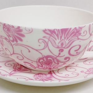 Parisian Pink Cup & Saucer Fine Bone China Cappuccino Coffee 300 ml 10.5 fl oz Floral Swirl Seamless