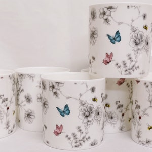 Secret Garden Mugs Set 6 Fine Bone China 14 oz 400ml Large Balmoral Cups Flowers Butterflies Bees Hand Decorated in UK
