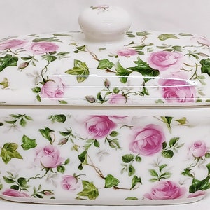 Ivy Rose Pink Roses Butter Dish Fine Bone China Floral Container Hand Decorated in UK