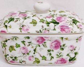 Efeu Rose rosa Rosen Butterdose Fine Bone China Blumenbehälter Hand dekoriert in Großbritannien