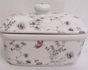 Secret Garden Butter Dish Fine Bone China Flowers Butterflies Bees Container Hand Decorated in UK