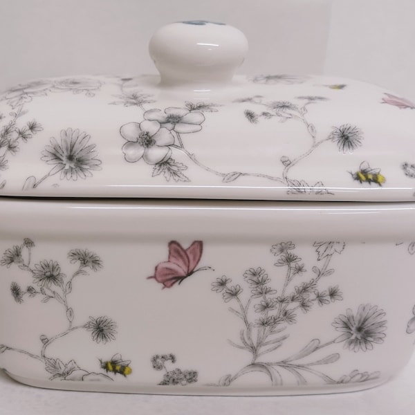 Secret Garden Butter Dish Fine Bone China Flowers Butterflies Bees Container Hand Decorated in UK