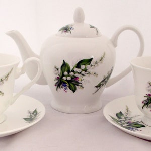 Lily of the Valley Tea Set for Two Fine Bone China 1 Teapot 2 Cups and 2 Saucers Hand Decorated UK