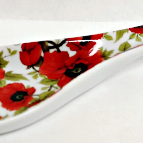 Red Poppy Spoon Rest Ceramic Porcelain Medium 22cm Poppies Spoon Hand Decorated UK