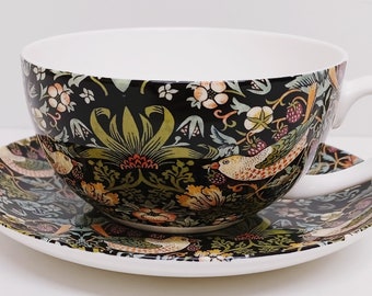 William Morris Strawberry Thief Black Green Cup & Saucer 300 ml Bone China Cappuccino Set Art Nouveau Style Hand Decorated UK