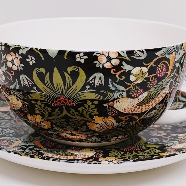 William Morris Strawberry Thief Black Green Cup & Saucer 300 ml Bone China Cappuccino Set Art Nouveau Style Hand Decorated UK