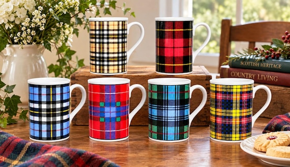Tartan Tassen Set 6 Bone China 340 ml 12 fl oz Windsor Scottish Plaid Tee Kaffeetassen Hand dekoriert in Großbritannien