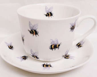 Bees Breakfast Cup & Saucer Large Jumbo Fine Bone China 14.5oz Bumble Bee Cup Saucer Set Hand Decorate in UK