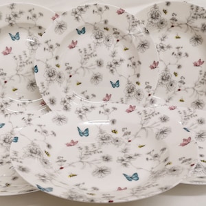 Geheime tuin Set van 6 borden 8.7 "22cm Fijn bot China Diepe soep Pasta bloemen Vlinders Bijen Hand versierd UK