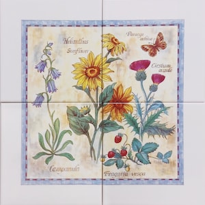 Wildflowers Garden Art Ceramic Tiles Mural 30cm x 30cm Backsplash Kitchen Decorative Floral Wall Scene Hand Decorated UK