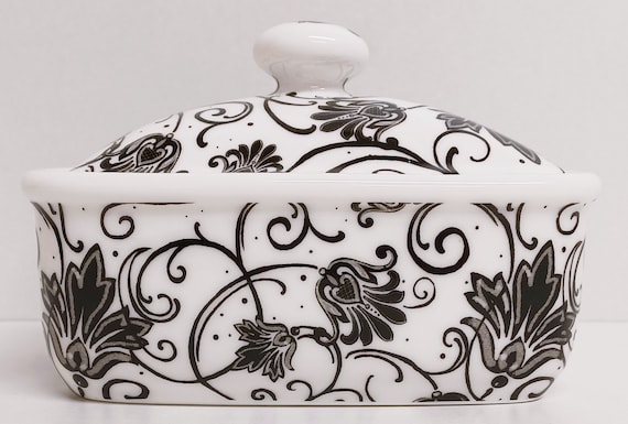 Parisian Black Butter Dish Bone China Black Floral Swirl Scroll Container Hand Decorated in UK Etsy UK