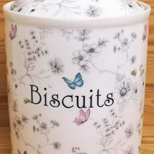 Secret Garden Biscuits Canister Fine Bone China Large 2 Litre Flowers Butterflies Bees Jar Hand Decorated UK