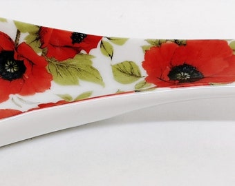 Red Poppy Spoon Rest Small 19.5cm Ceramic Porcelain Poppies Teabag Tidy Hand Decorated UK