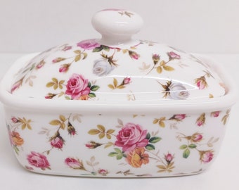 Gartenrosen Butterdose Fine Bone China Zarte Exquisite Floral Container Hand dekoriert in Großbritannien