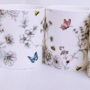 Secret Garden Mugs Set 4 Fine Bone China 9.5oz 275 ml Balmoral Cups Flowers Butterflies Bees Hand Decorated in UK