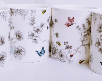 Secret Garden Mugs Set 4 Fine Bone China 9.5oz 275 ml Balmoral Cups Flowers Butterflies Bees Hand Decorated in UK