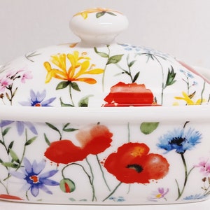 Wildflowers Meadow Butter Dish Fine Bone China Multi Floral Container Hand Decorated in UK