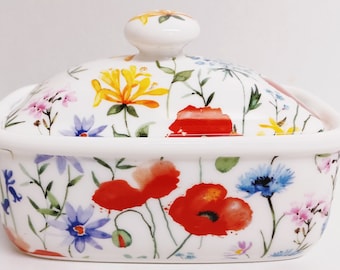 Wildflowers Meadow Butter Dish Fine Bone China Multi Floral Container Hand Decorated in UK