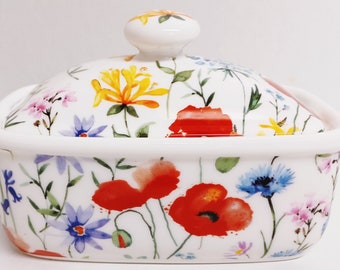 Wildflowers Meadow Butter Dish Fine Bone China Multi Floral Container Hand Decorated in UK