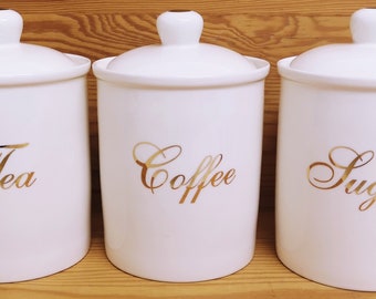 White & Gold Tea Coffee and Sugar Canisters Fine Bone China Storage Jars