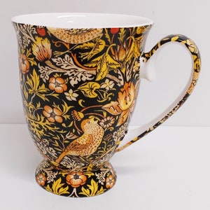William Morris Strawberry Thief Black & Yellow Mug Fine Bone China 300ml Royal Footed Art Nouveau Coffee Tea Cup Hand Decorated UK
