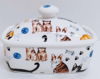 Cats Butter Dish Fine China Cute Collage Cat Covered Container Hand Decorated in UK