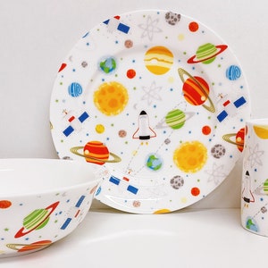 Space Invaders Breakfast Set 3 Piece Plate 6.7&quot; Mug Bowl Fine Bone China Kids Children Planets Rockets & Stars Hand Decorated UK