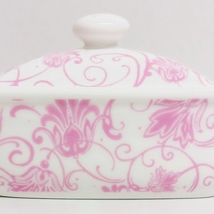 Parisian Pink Butter Dish Bone China Pink Floral Swirl Scroll Container Hand Decorated in UK