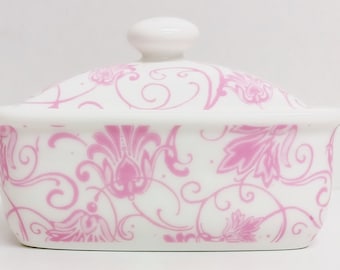 Pariser Butterdose Bone China Pink Floral Swirl Rolle-Behälter Hand verziert in Großbritannien
