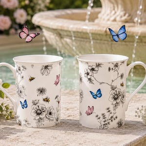 May include: Two white ceramic mugs featuring a black and white botanical floral pattern with small colourful butterflies and bees. The mugs have a smooth cylindrical shape with a curved handle on the side, showcasing detailed illustrations of flowers.