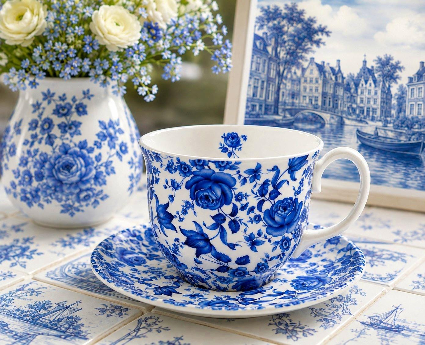 Delft Blue Cup & Saucer Bone China Large Jumbo Blue Flowers Floral