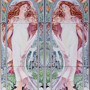 Melissa Whispers of the Waterfall Artistic Ceramic Mural 5 Tiles 6&quot; Art Nouveau Style Decorative Fireplace Backsplash WallsHand Decorated UK