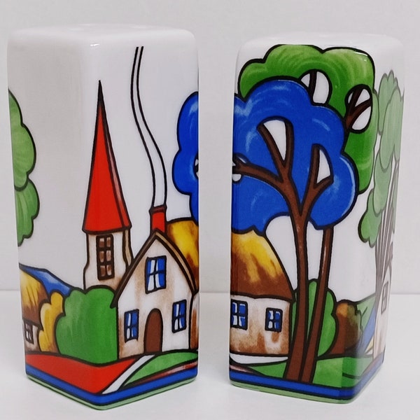 Village Countryside Scene Art Deco Salt & Pepper Set Rectangular Exclusive Design Porcelain Ceramic Hand Decorated in UK