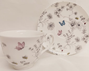 Secret Garden Tea Cup &  Saucer Fine Bone China Flowers Butterflies and Bees Hand Decorated UK