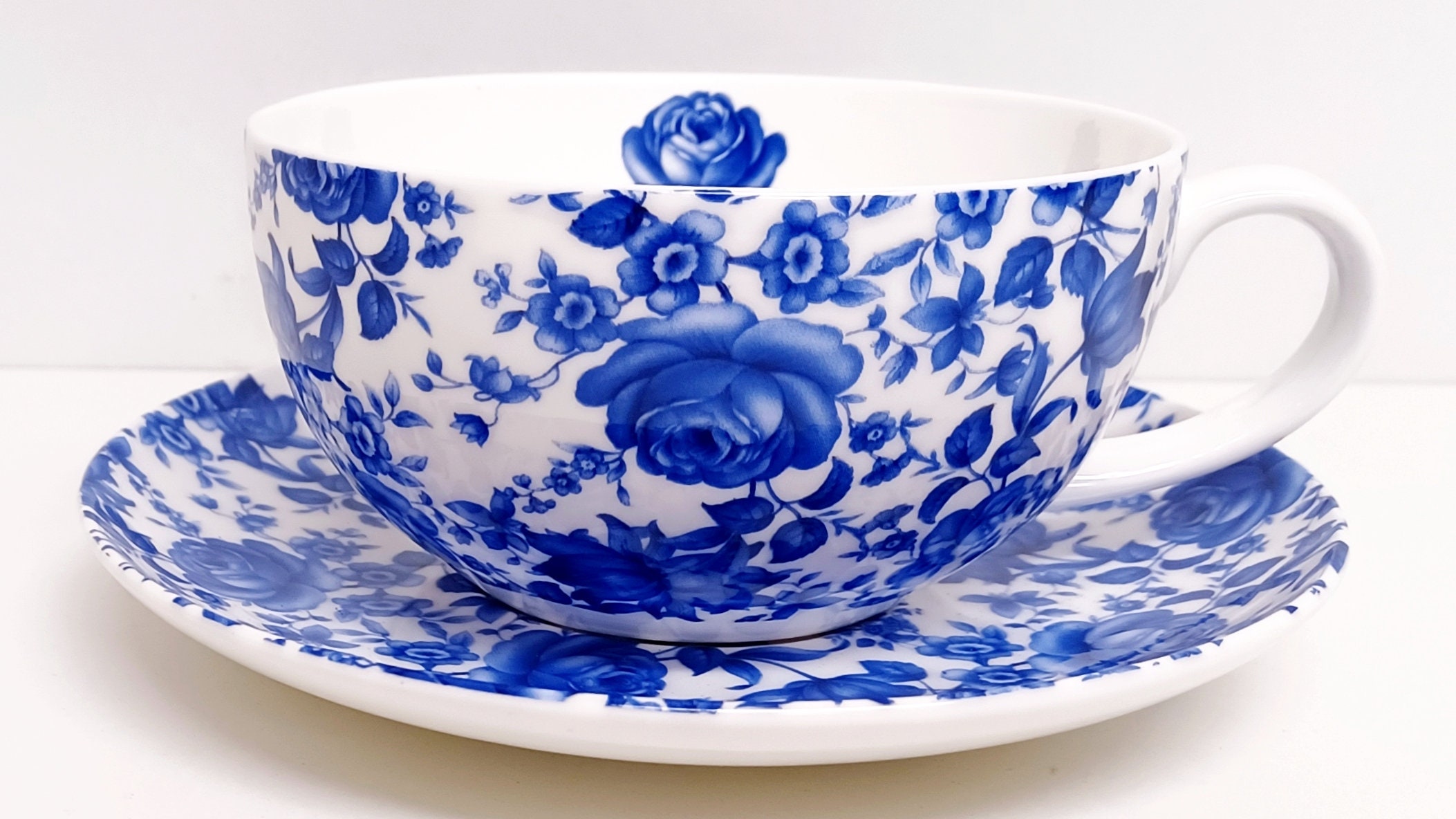 Delft Blue Cappuccino Latte Cup & Saucer Fine Bone China Floral Flowers 12.5oz Cup Saucer Hand Decorated UK