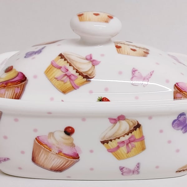 Cupcakes & Butterflies Butter Dish Fine Bone China Lidded 400 grams Container Hand Decorated in UK
