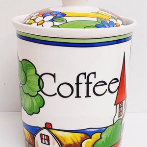 Village Art Deco Coffee Canister Fine Bone China Exclusive Colourful Countryside Scene Storage Jar Hand Decorated UK